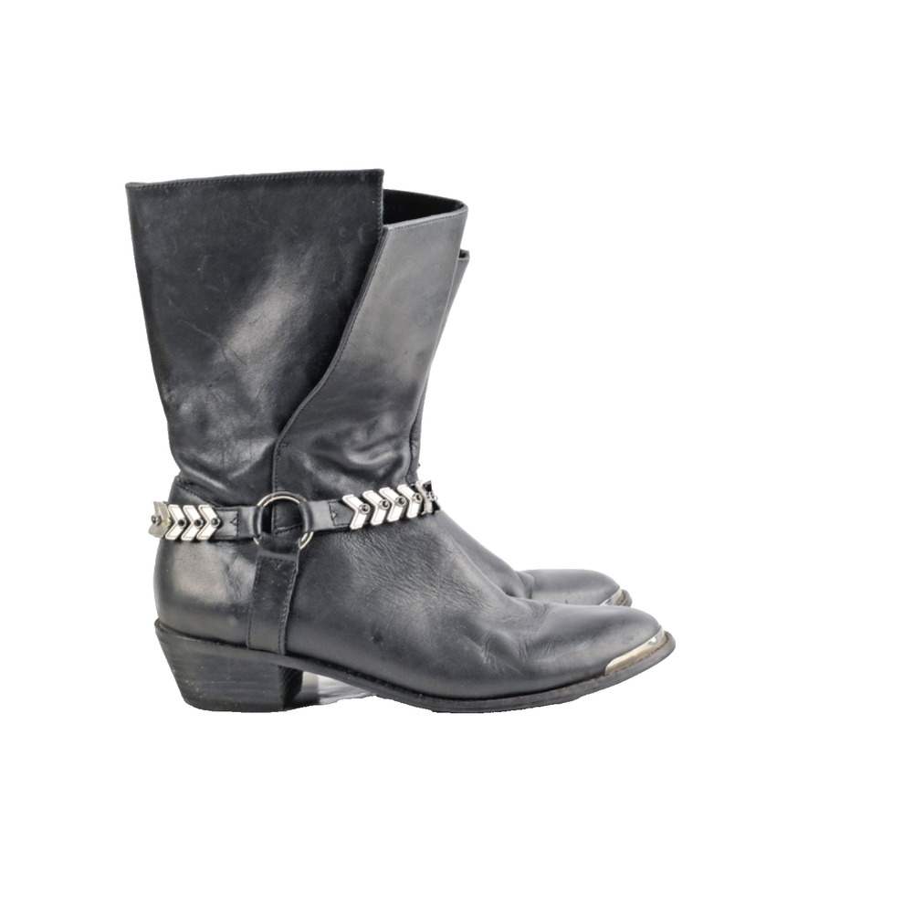 ABS Allen Schwartz Black Leather Chained Moto Block Heel Pull On Boots Size 8.5